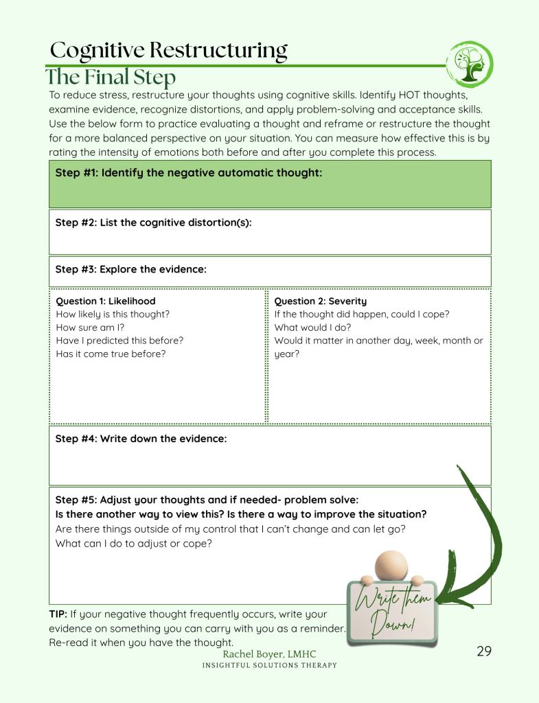 Cognitive restructuring form for stress relief